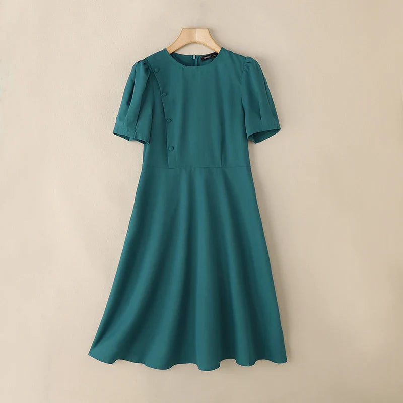 Elegant Short Puff Sleeve A Line Sundress for Office