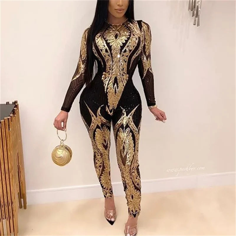 Sexy Sheer Mesh Patterned Jumpsuit for Women Slim Fit Pencil Trousers Romper One-Piece Party Clubwear Night Out Pants