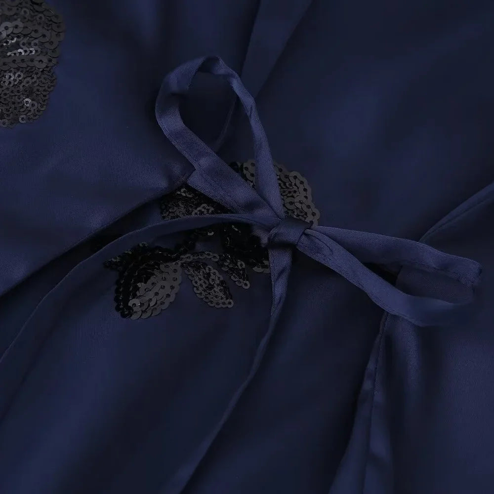 Women's Casual Polo Collar Long Sleeved Sequin Satin Kimono Coat and Bead Pants Set