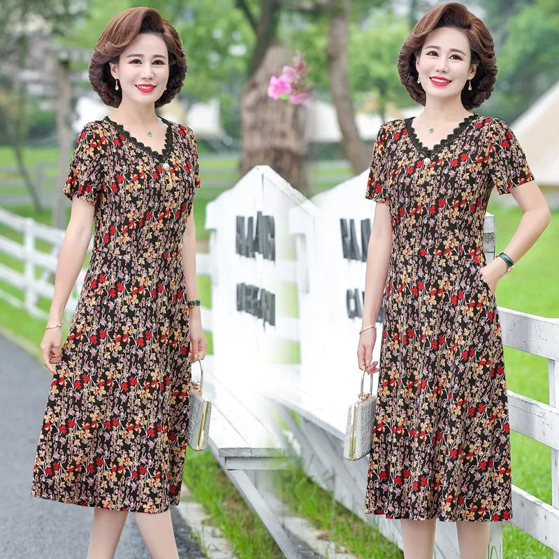 Bohemian Summer Dress With V Neck Print Vintage Midi