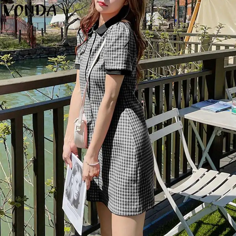 Boho Plaid Mini Dress Puff Sleeve A Line Sundress Style