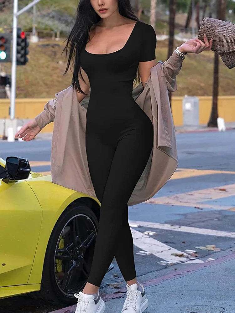 Women's Slim Fit One-Piece Yoga Jumpsuit with Round Neck and Short Sleeves Solid Color Fitness Sportswear