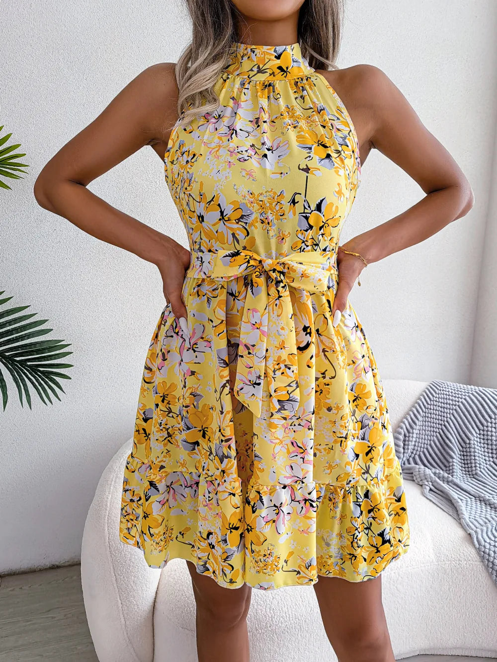 Floral Halter Neck A Line Dress With Lace Up Ruffles Spring
