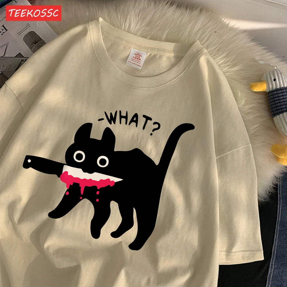Summer Cotton Women's T-Shirts with Black Cat Print Casual Oversize O-Neck Streetwear for Daily Life and Dating