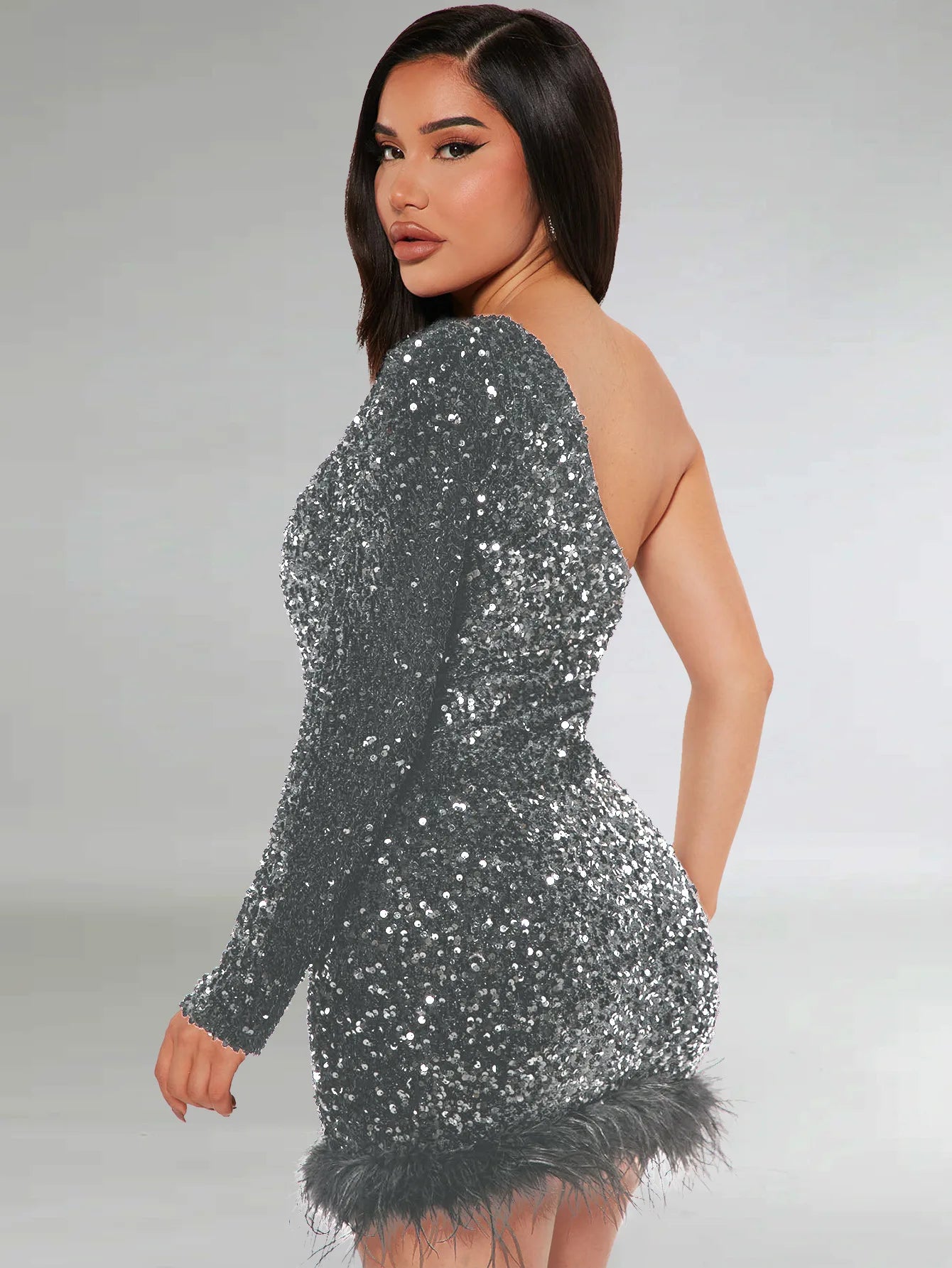 Elegant Off Shoulder Sequin Party Dress Long Sleeve