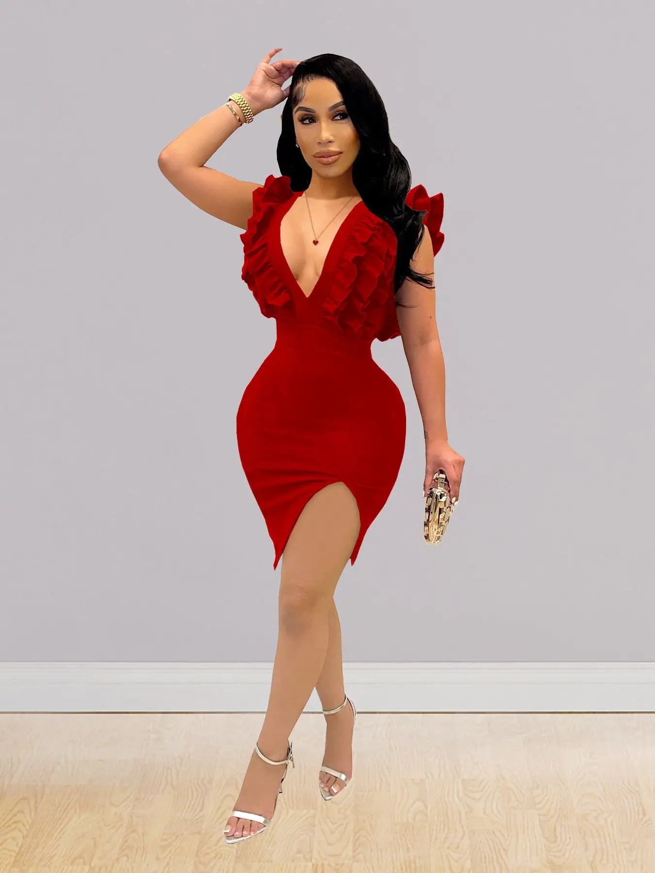 Solid Color Deep V Neck Pleated Mini Dress For Women