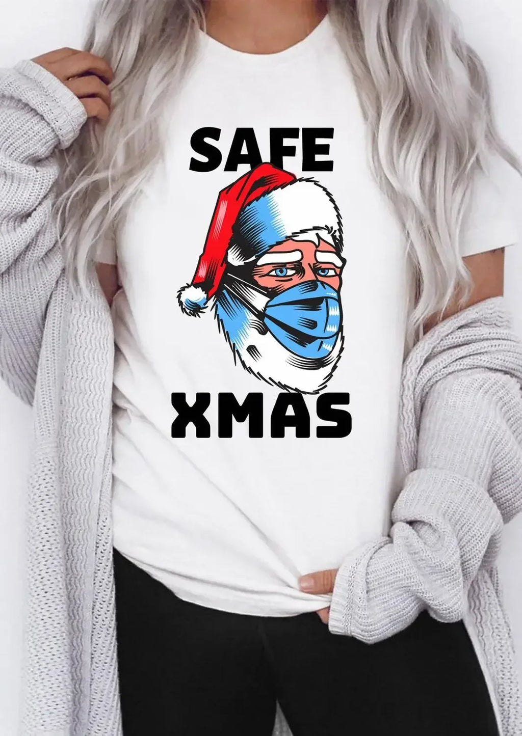 Funny Christmas T Shirt for Women with Santa Claus Mask Print Graphic Tee