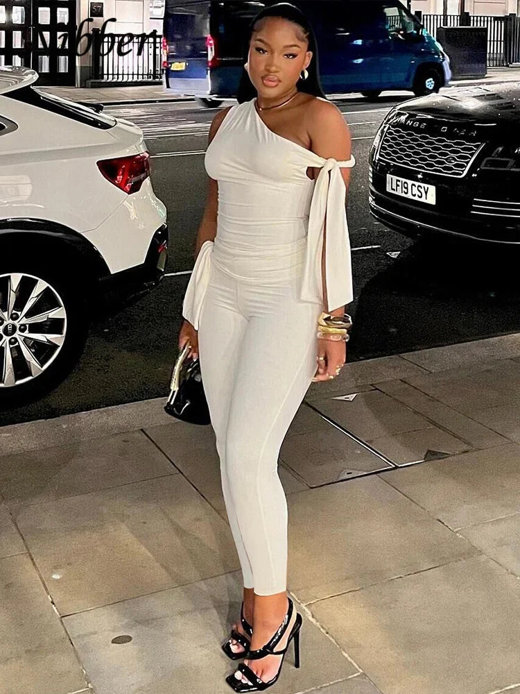 Chic Elegant 2 Piece Women Tracksuit Set with Skew Collar Tank Top and Casual Skinny Leggings