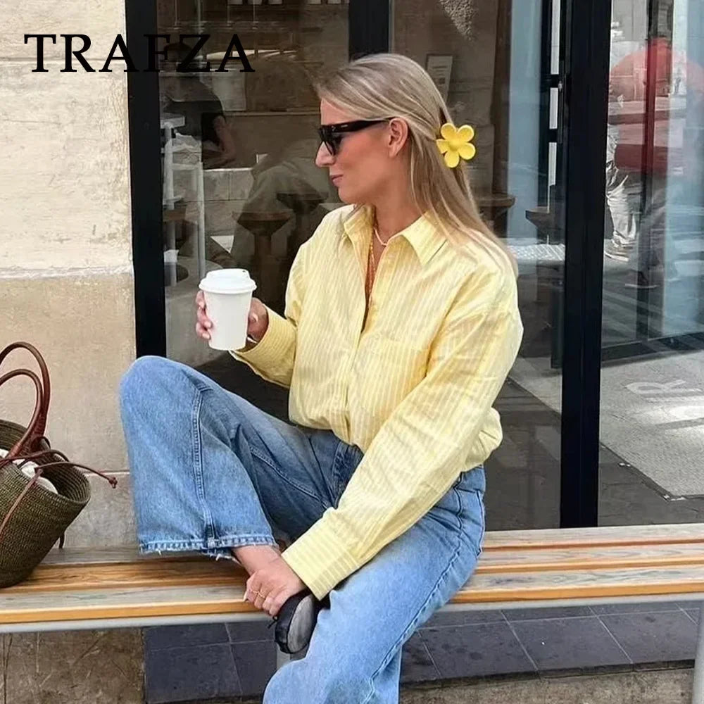 Casual Women Striped Butter Yellow Shirt Vintage Thin Fabric Turn-Down Collar Single Breasted Button-Up Top