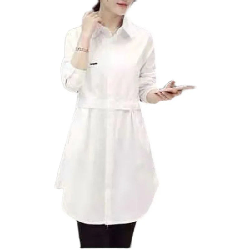 Mid-Length White Polo-Neck Shirt for Women Lightweight Stylish Spring Summer Blouse Elegant Korean-Inspired Fashion