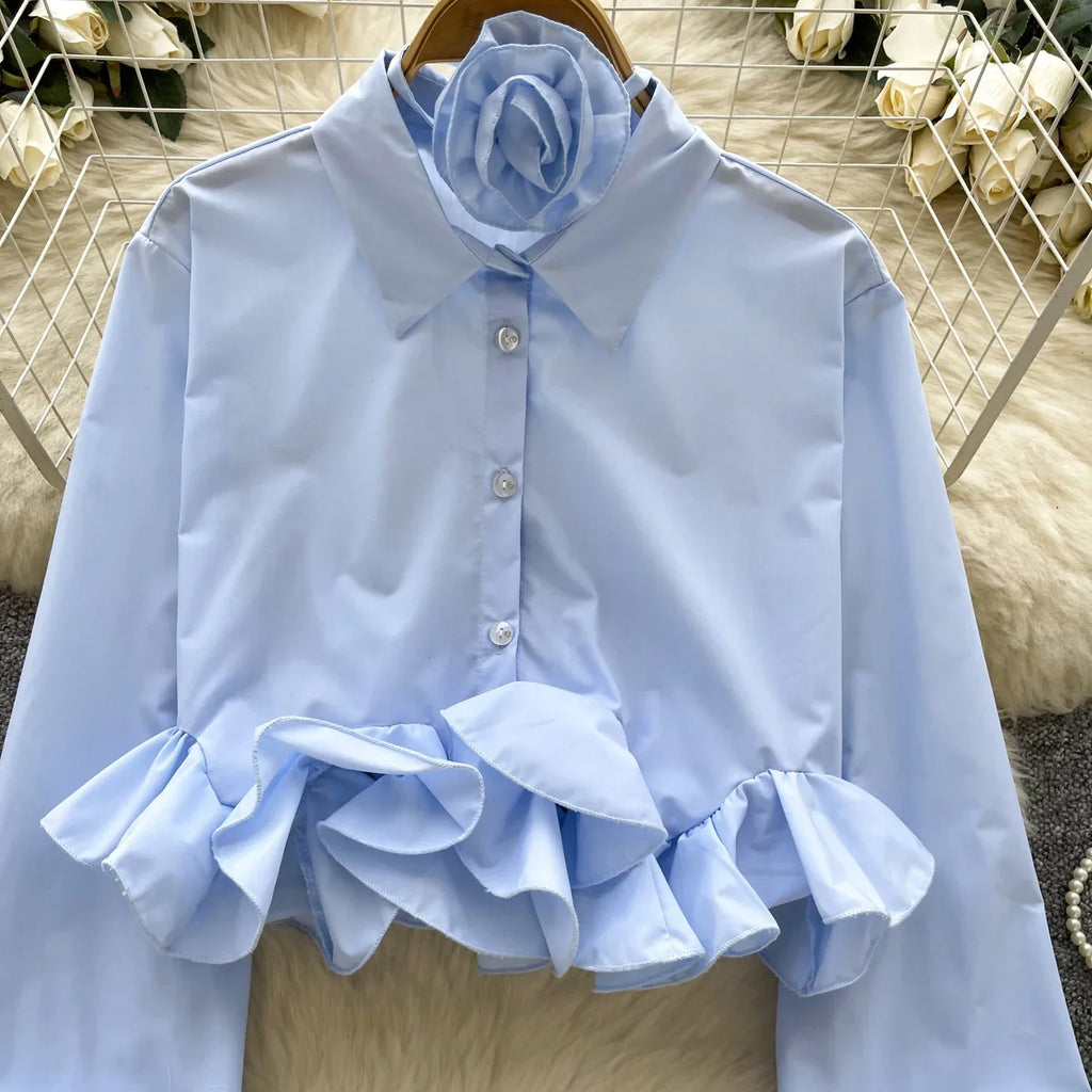 Women's 3D Floral Long Sleeve Blouse Single Breasted Turn-Down Collar Slim Fit Solid Color Shirt