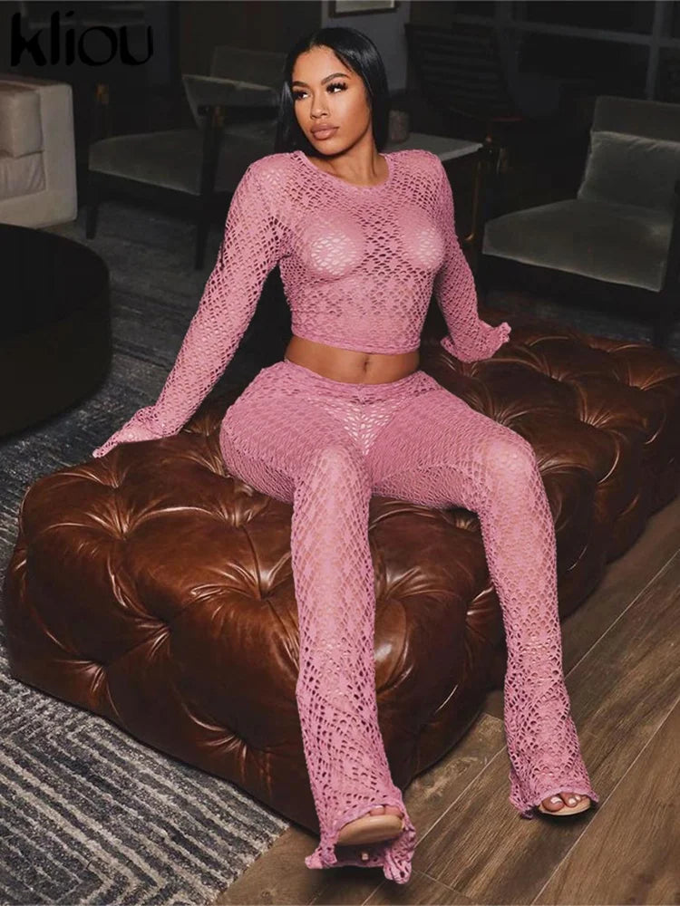 Sexy Coquette 2 Piece Set Sheer Long Sleeve Slim Top and High Waist Flare Pants Nightclub Outfit