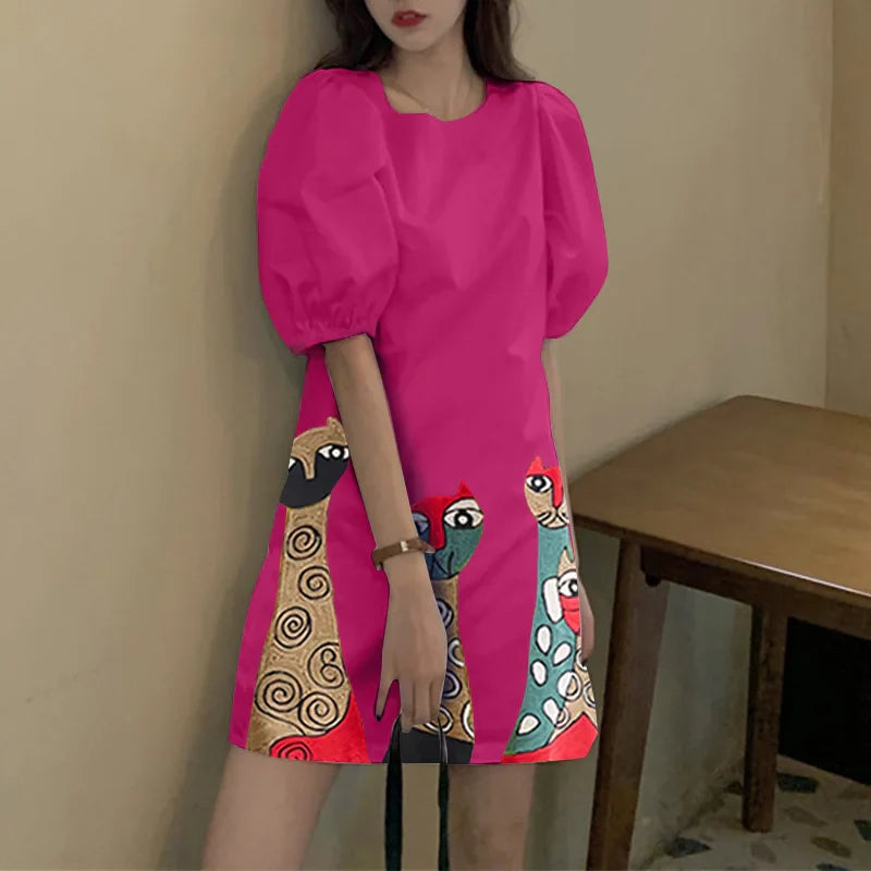 Bohemian Printed Sundress With Short Sleeves Round Neck