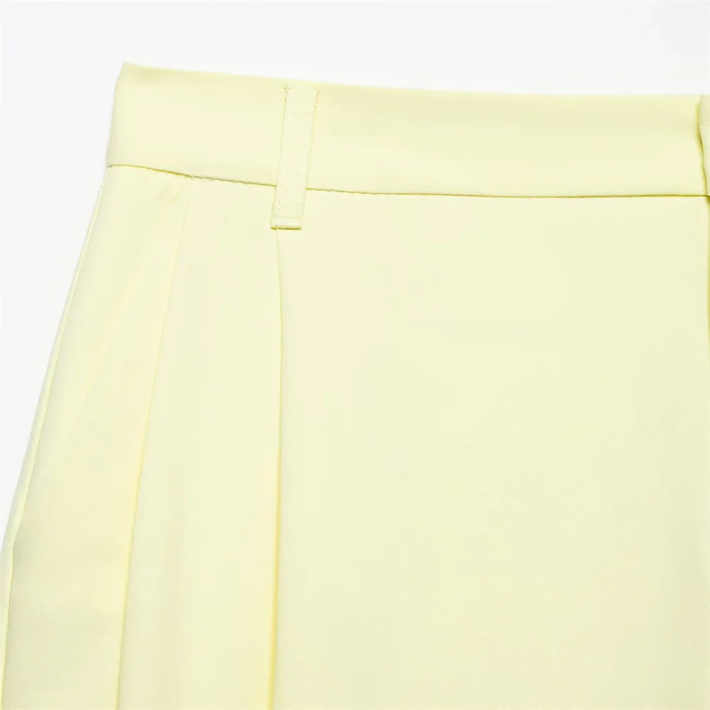 Womens Light Yellow Suit Set Halter Vest with Gold Buttons and Pleated Wide Leg Pants Stylish Ensemble