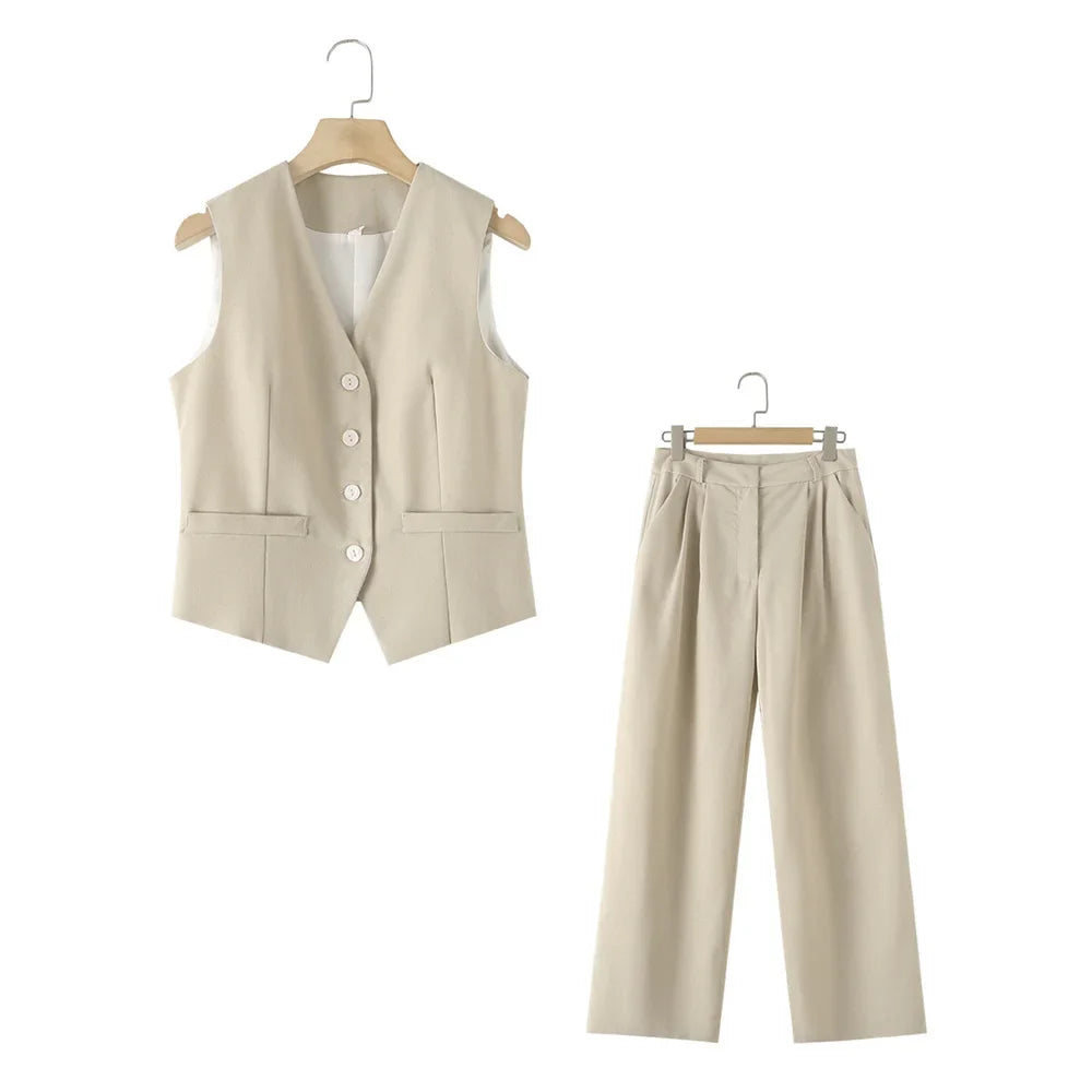 Versatile Slim Sleeveless Cotton Linen Vest and Mid-Waist Trousers Suit for Women's Commuting Style
