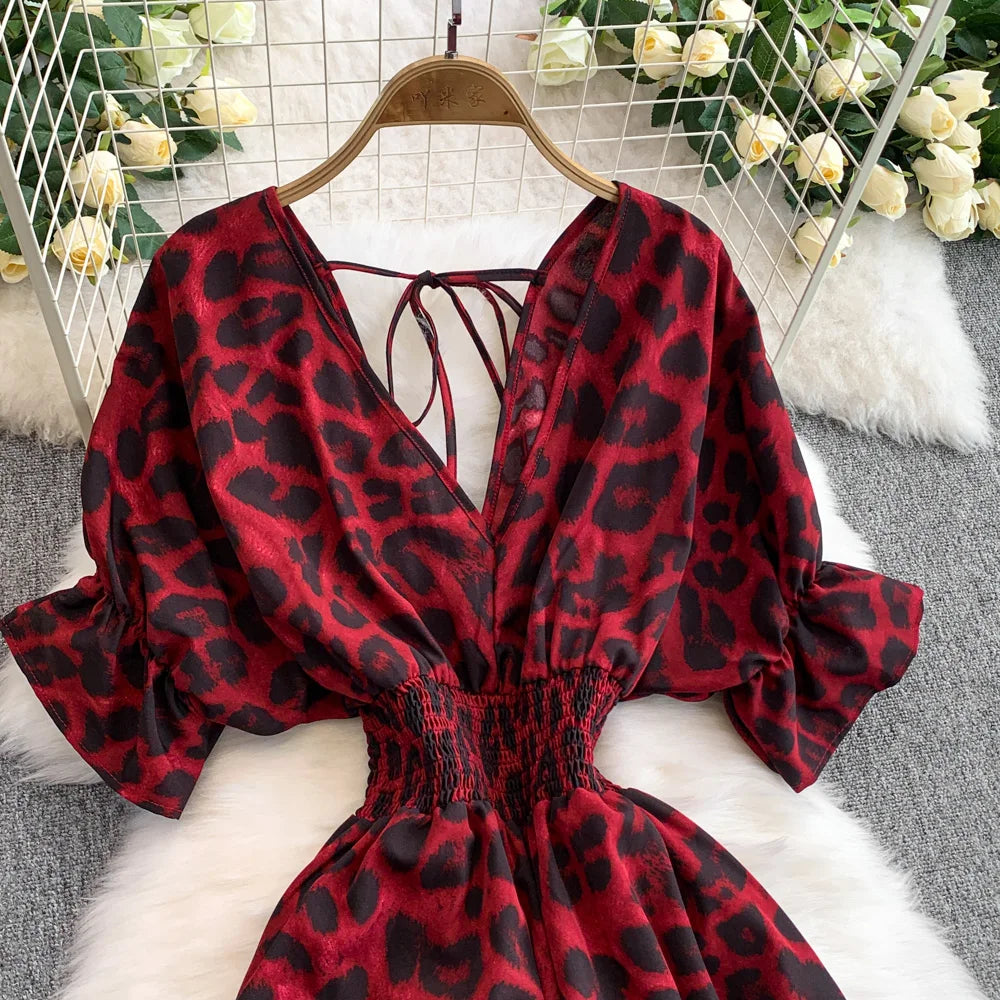 Women's Summer V-Neck Leopard Print Lace-Up Jumpsuit Short Sleeve Loose Fit Playsuit Overalls with Elegant Ruffle Detail