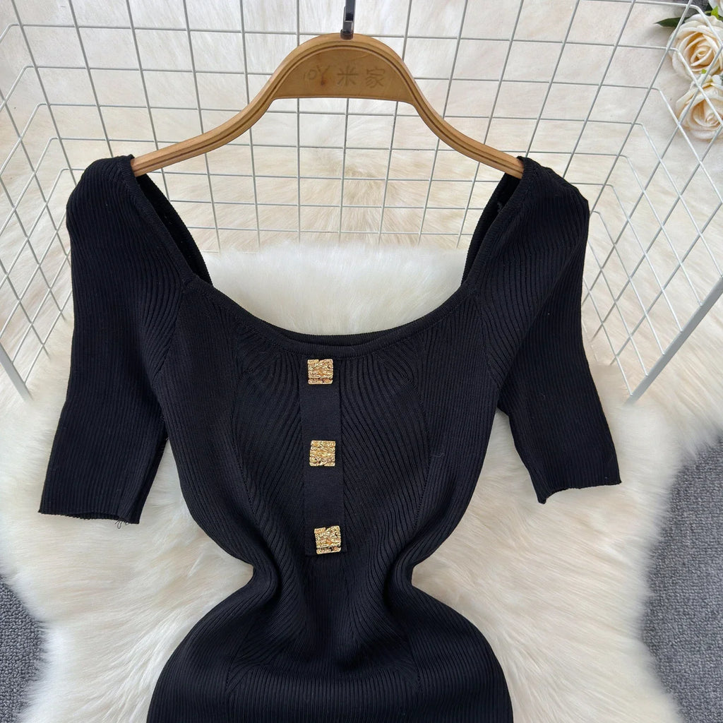 Knitted Bodycon Dress Women Square Collar Summer Long Dress