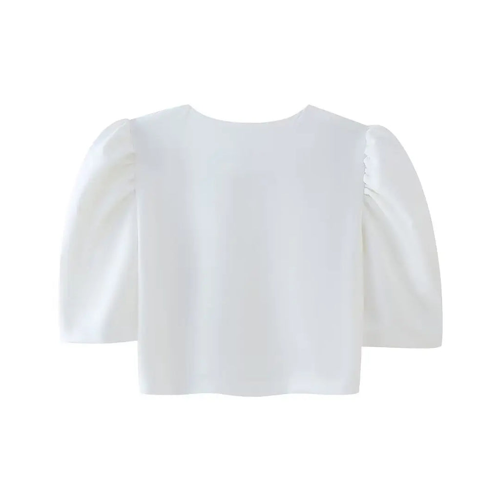 Women Summer Casual Pants Suit with Puff Sleeve Shirt and Elegant Long Pants Matching Set