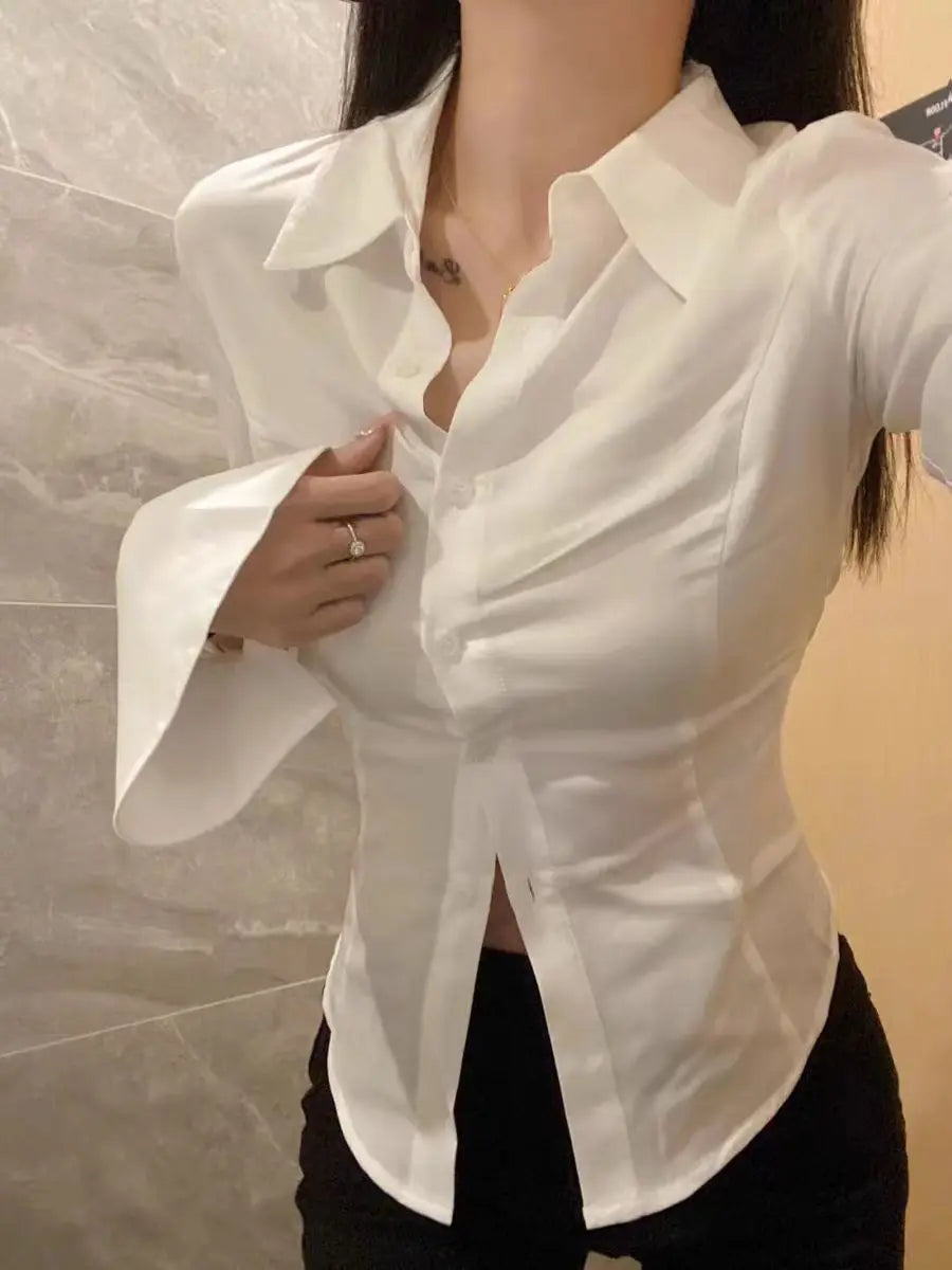 Chic White Women's Shirt with Flattering Flared Sleeves Waist-Cinching Tie Elegant French-Inspired Design Sexy and Stylish Blouse for Ladies