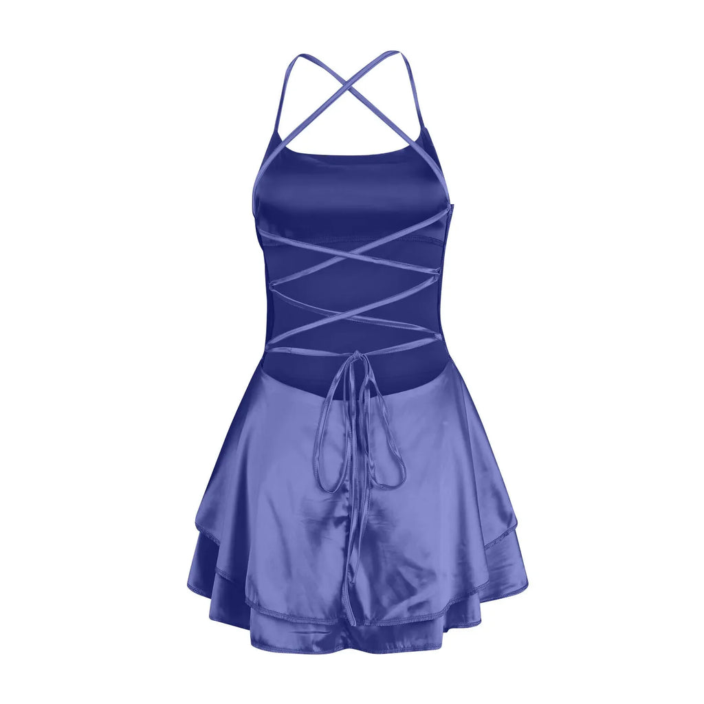 Backless Satin Party Dress With Cowl Neck Spaghetti Straps