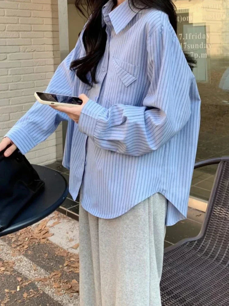 Loose Blue Striped Long Sleeve Blouse with Pocket Casual Versatile Shirt for Women