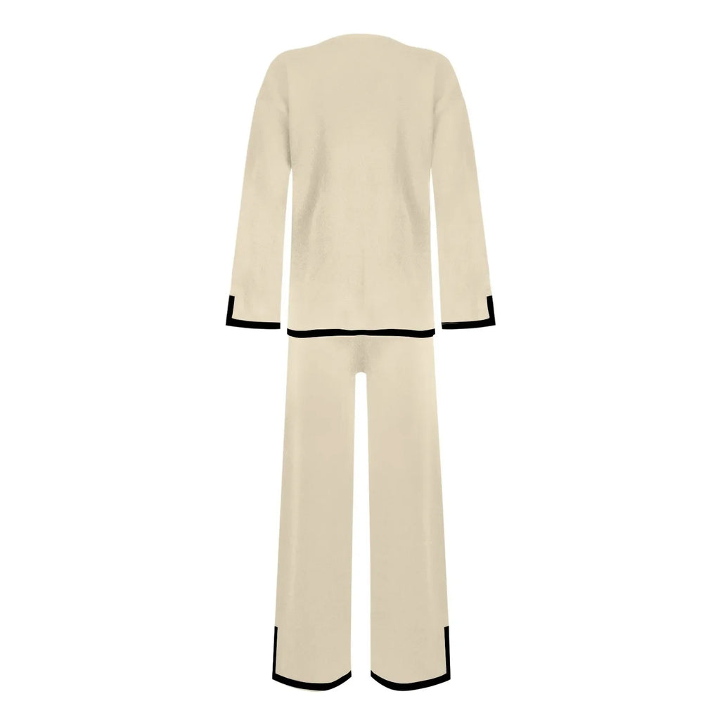 Knitted Women's Casual Two Piece Set with Long Sleeve Sweater and Wide Leg Pants for Comfortable Homewear