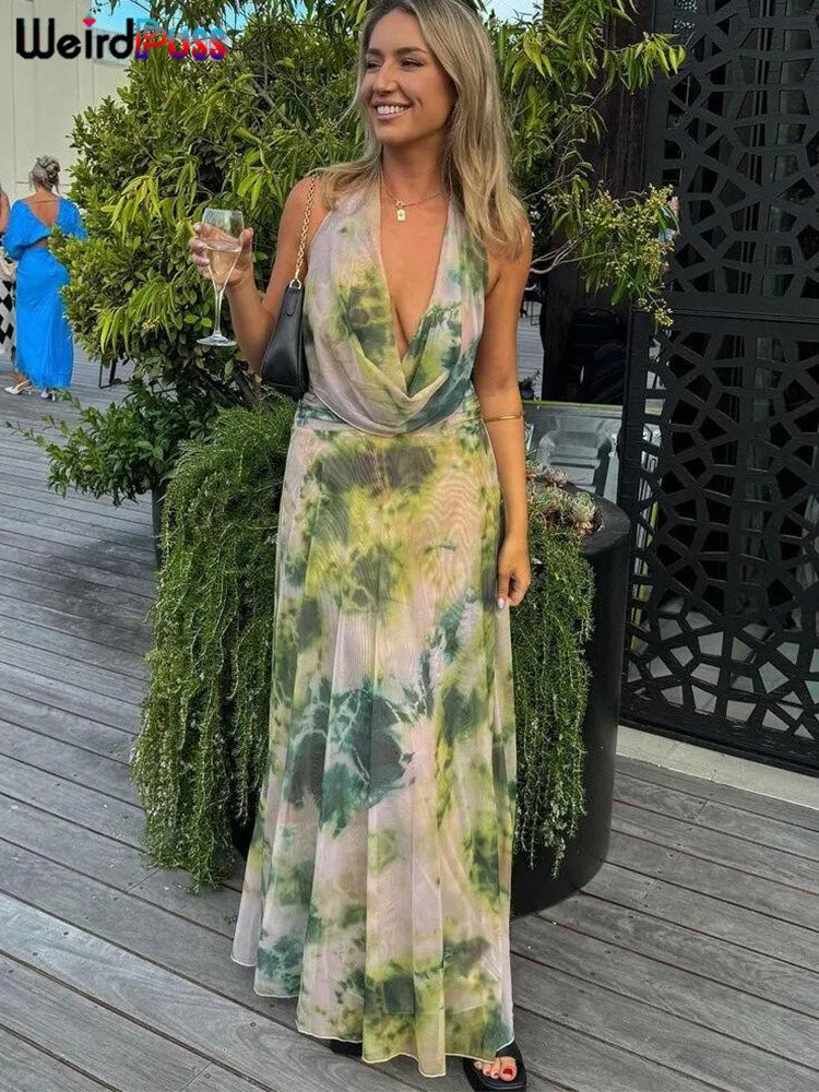 Backless Halter Bandage Tank Top and Mesh Ruffles Tie-Dye Skirt Two-Piece Summer Set for Women