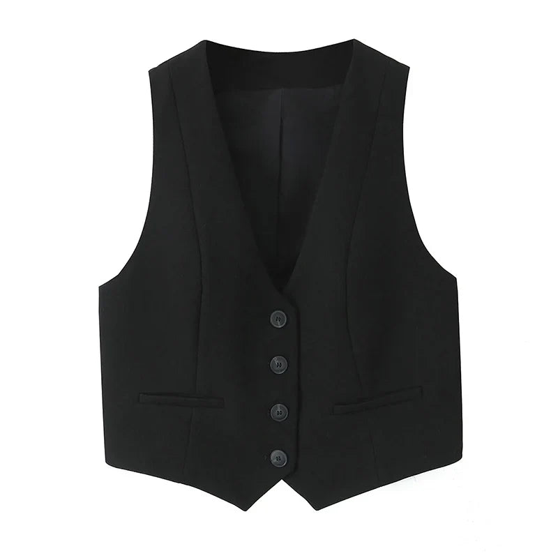 Women's Fashionable Black V-Neck Tank Top and Vintage Wide Leg Pants Two Piece Set