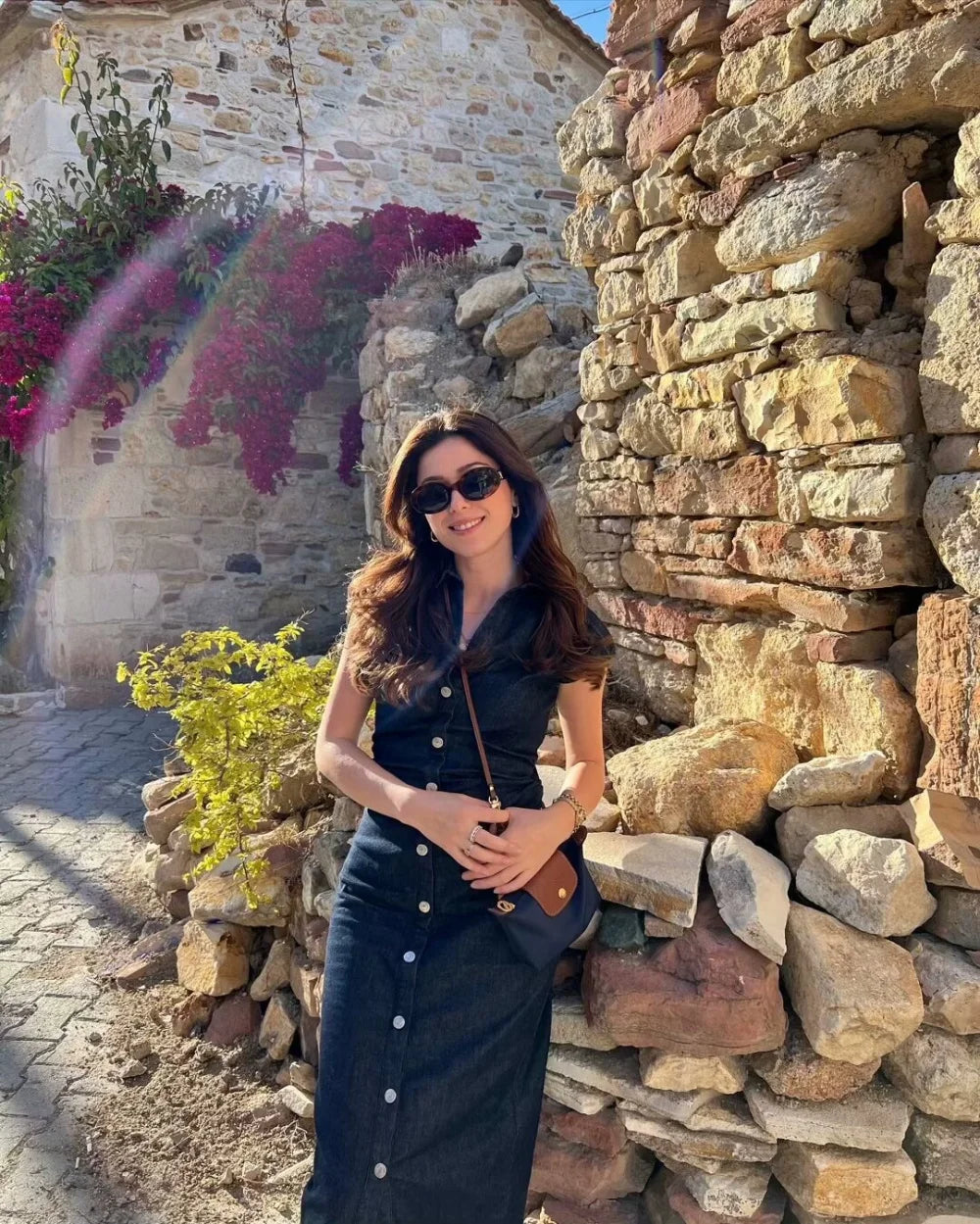 Fitted Denim Midi Shirt Dress With V Neck Long Sleeve