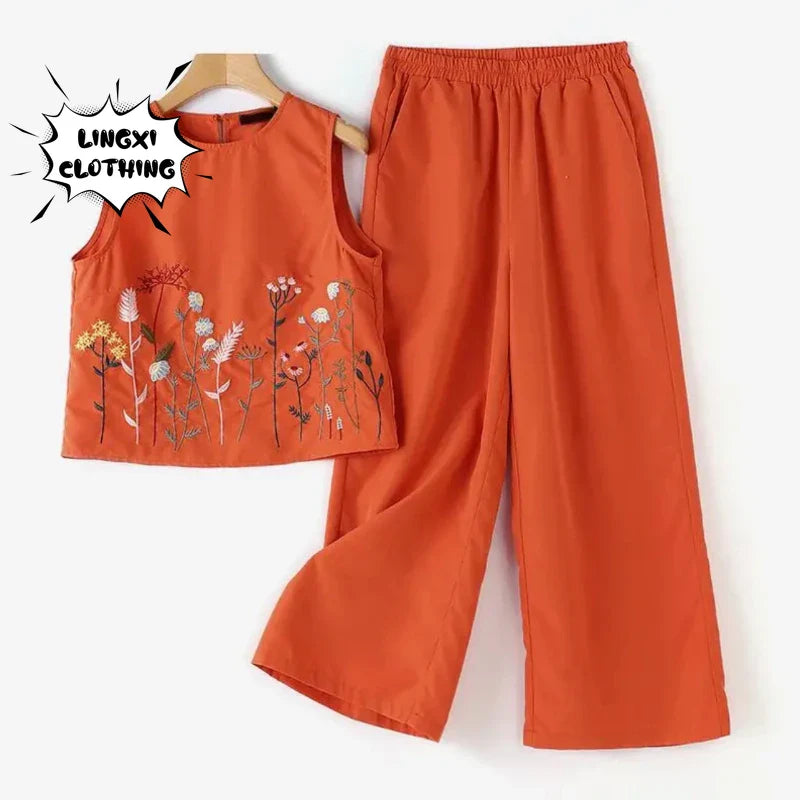 Women's Cotton and Hemp Two Piece Set Loose Elegant Sleeveless Commuter Outfit with Embroidery