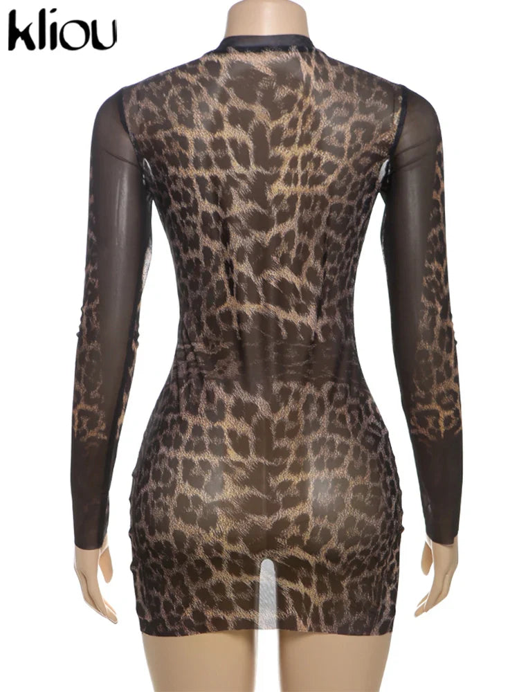 Leopard Print Mesh Mini Dress Women See Through Bodycon
