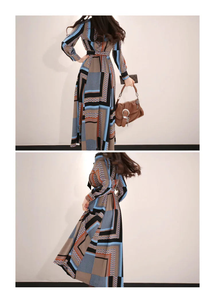 Vintage Print Long Shirt Dress For Women Ankle Length