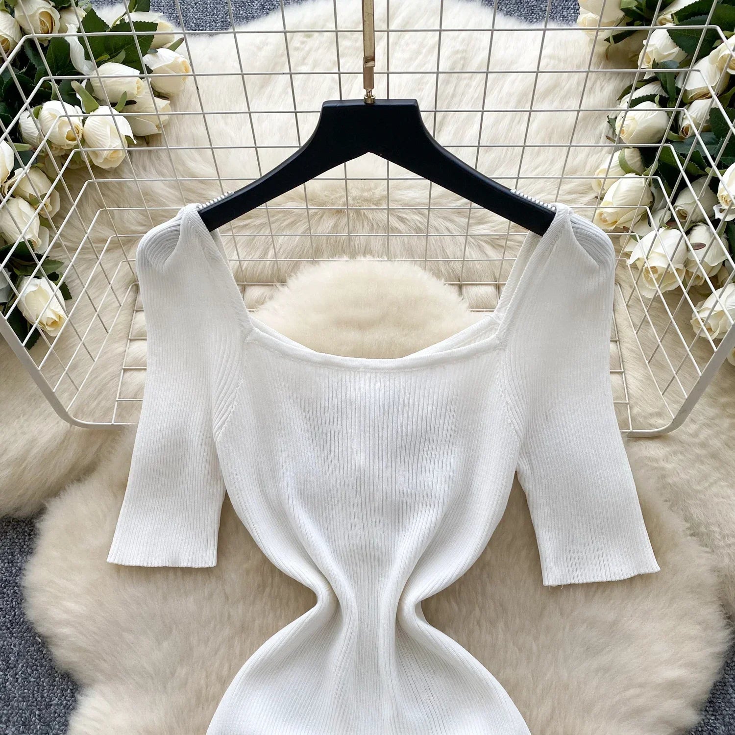 Women Square Collar Knit Dress Short Sleeve Wrap Sheath