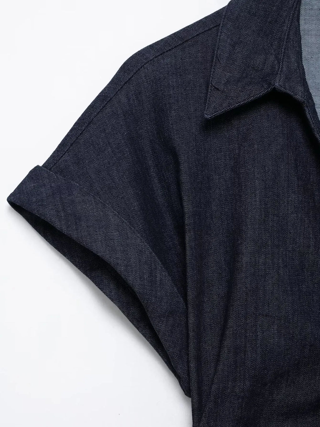 Navy Blue Pleated Denim Midi Dress for Women Short Sleeves