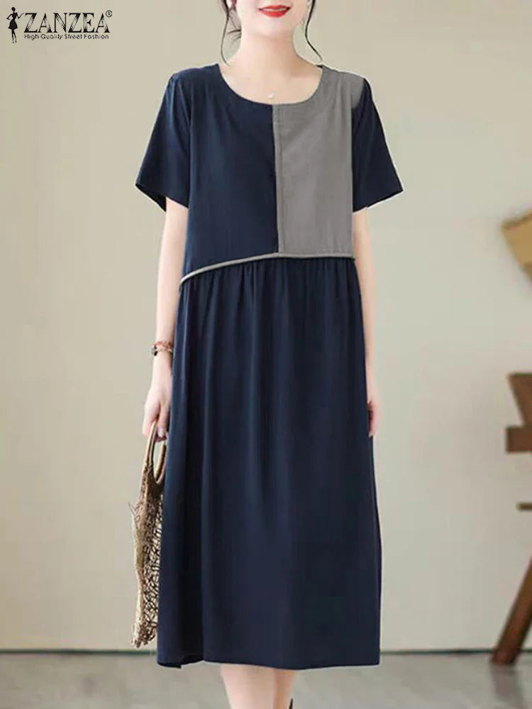 Women Patchwork Pleated Midi Dress Casual Aline Retro