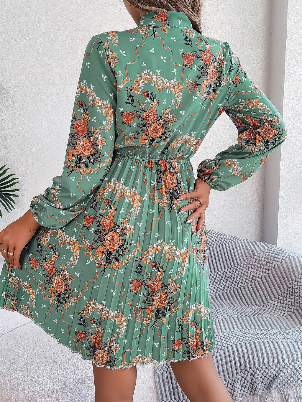 Floral Print Lace Up Long Sleeve Pleated Dress With Bow