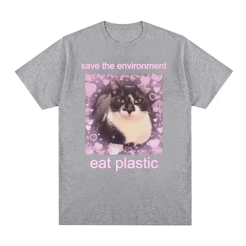 Save The Environment Eat Plastic Cute Cat Graphic T Shirt 100 Percent Cotton Oversized Tee for Men and Women