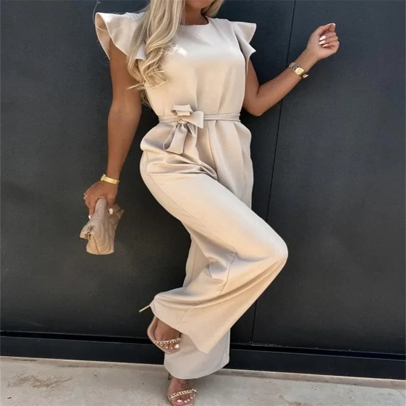 Women's Summer Casual Jumpsuit with Ruffled Straps and Relaxed Fit Pants