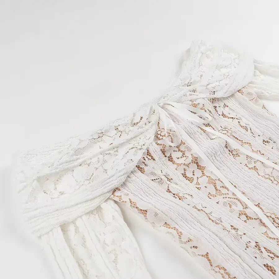 One Shoulder Lace Up Mini Dress With Bell Sleeves High Waist