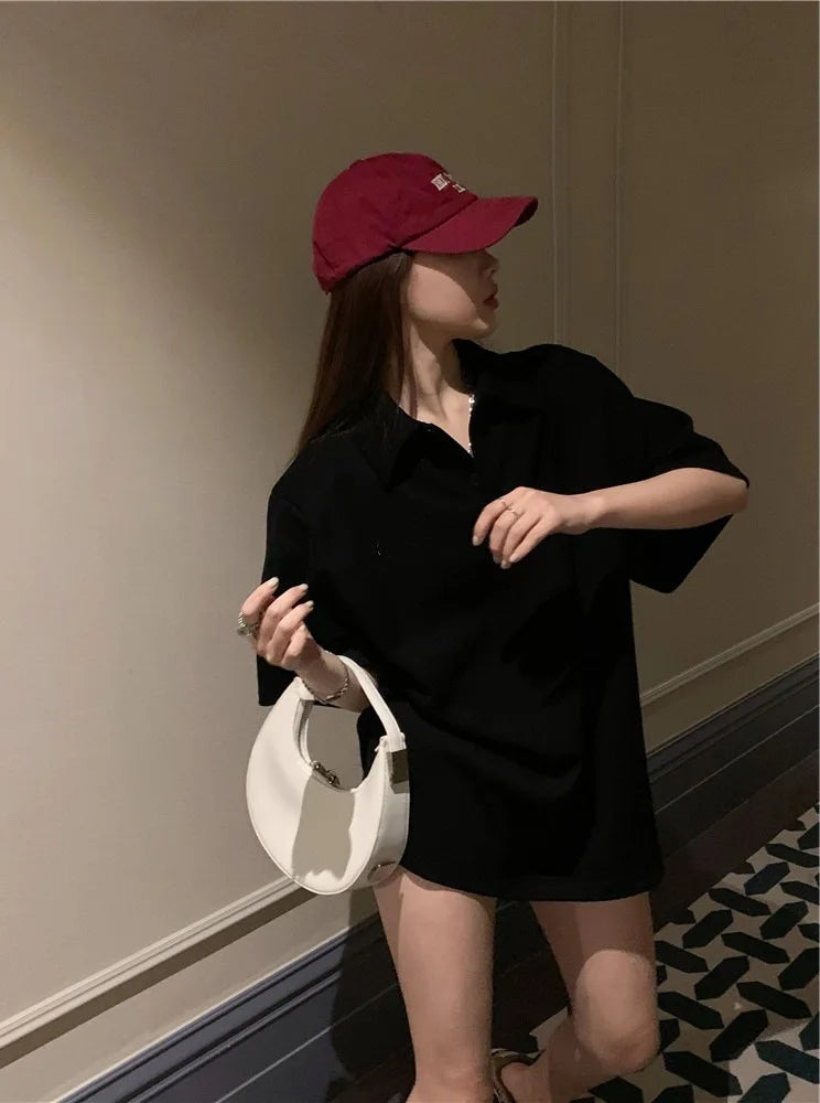 Women's Short Sleeve Polo Shirt Solid Color Loose Fit Summer Casual Large Size Trendy Korean Style Tee