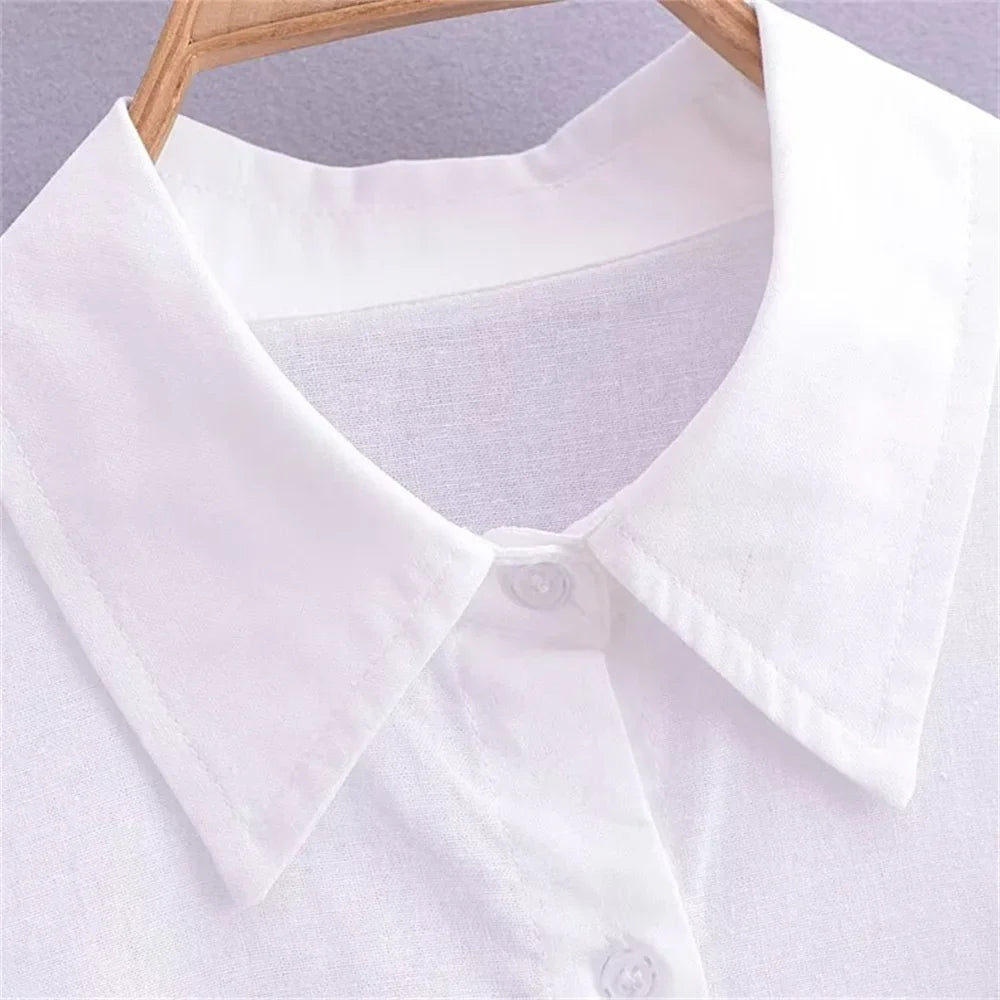 Women's White Pure Linen Long Sleeve Shirt with Pocket Detail Loose Fit Slimming Design