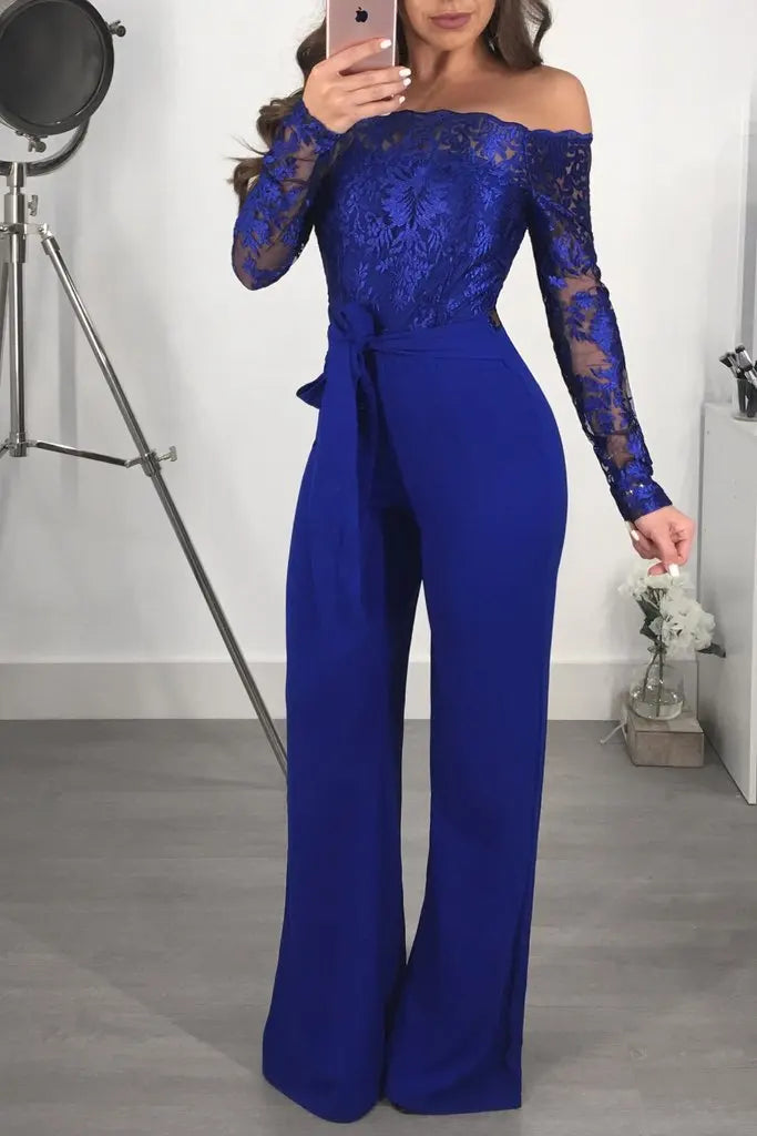 Appliques Lace Patchwork Off Shoulder Jumpsuit for Women with Slash Neck Long Sleeve and Elegant Wide Leg Pants Party Overalls