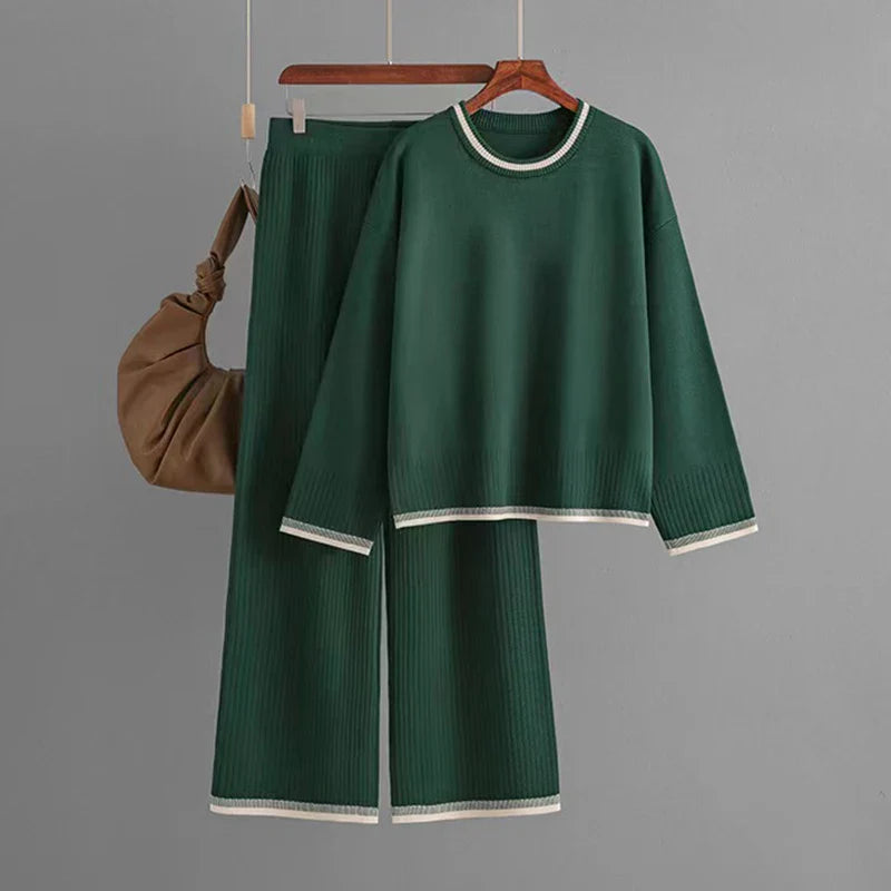 Elegant O-neck Long Sleeve Pullover and Wide Leg Pants 2 Piece Set for Women Casual Spring Outfits