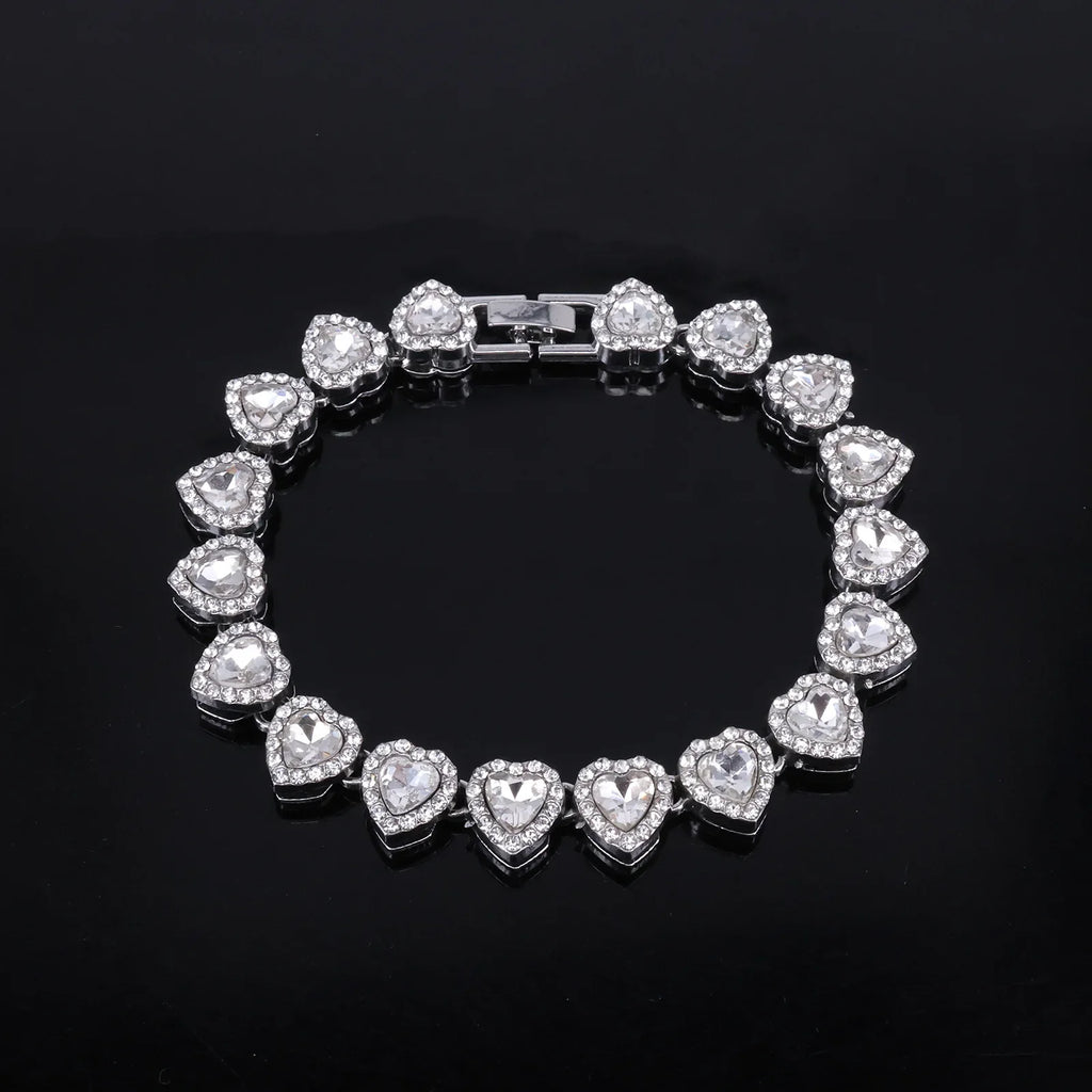 Hip Hop Tennis Chain Bracelet Necklace Set with Shiny Heart Rhinestone CZ Fashion Jewelry
