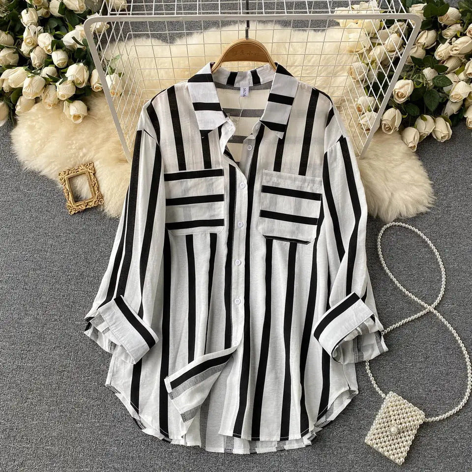 Elegant Medium Length Vertical Stripe Shirt Jacket for Women Casual Loose Fitting Korean Style Blouse