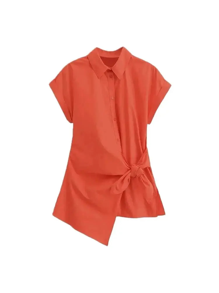 Asymmetric Poplin Shirt for Women with Front Knot Ties Short Sleeve Button-Up Chic Blouse Top