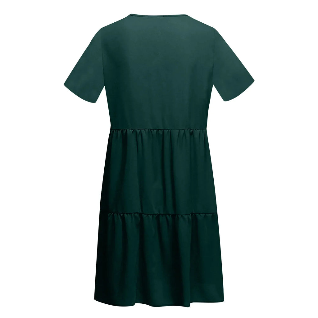 Womens V Neck Short Sleeve Loose Fit Dress Solid Color
