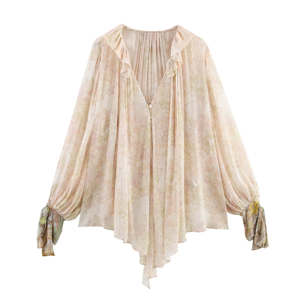 Loose Printed Blouse for Women with Pleated V-Neck Lantern Sleeves Single-Breasted Casual Pullover Shirt Chic Lightweight Spring Summer Top