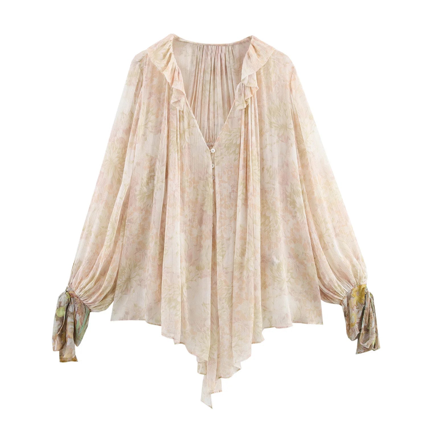 Loose Printed Blouse for Women with Pleated V-Neck Lantern Sleeves Single-Breasted Casual Pullover Shirt Chic Lightweight Spring Summer Top