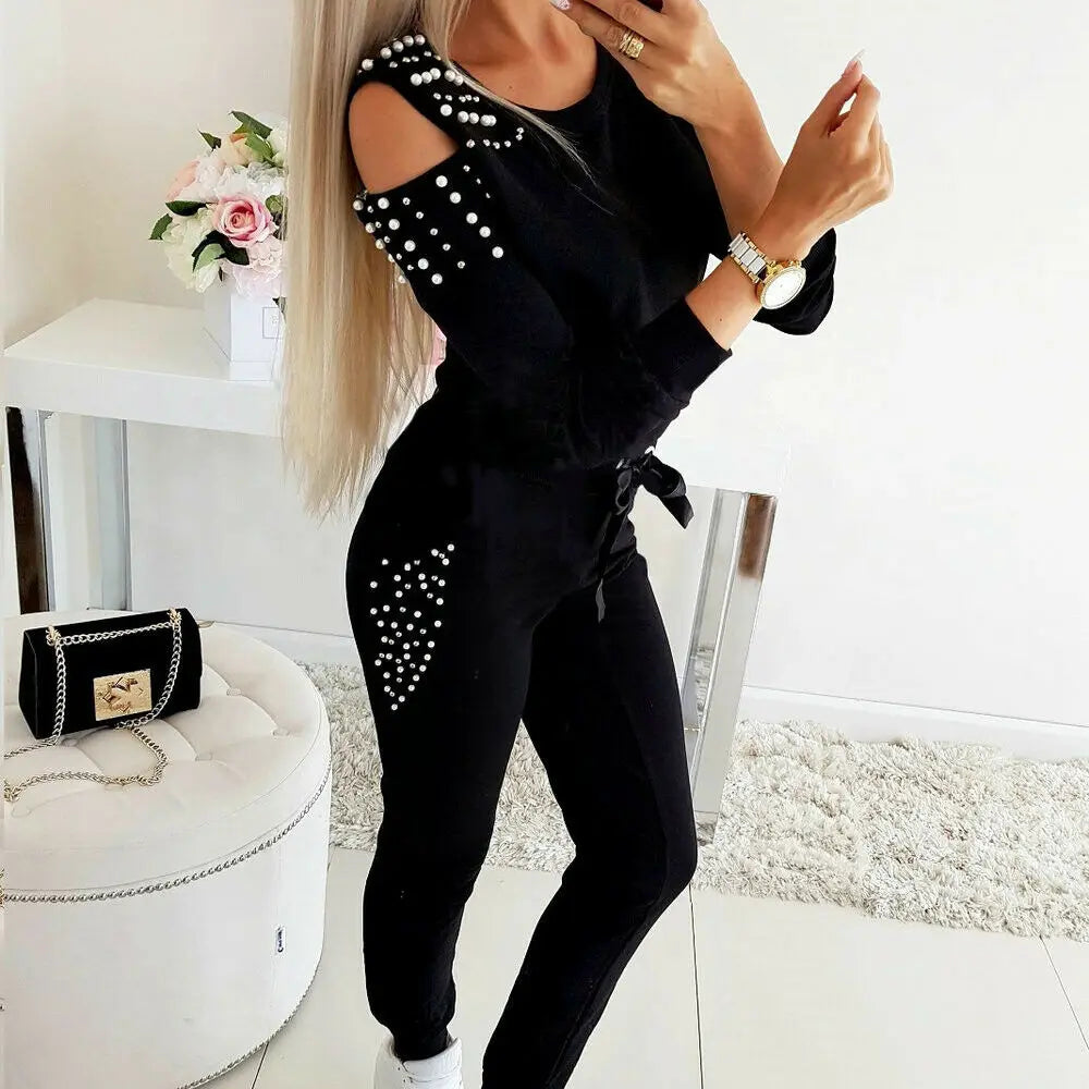 Off the Shoulder Sexy Stud Bead Solid Color Long Sleeve Sports Set